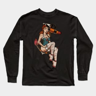 OldSalt American Traditional Bikini Pinup Girl Distressed Long Sleeve T-Shirt